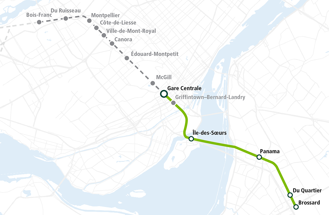 Carte géographique du trajet et stations du REM